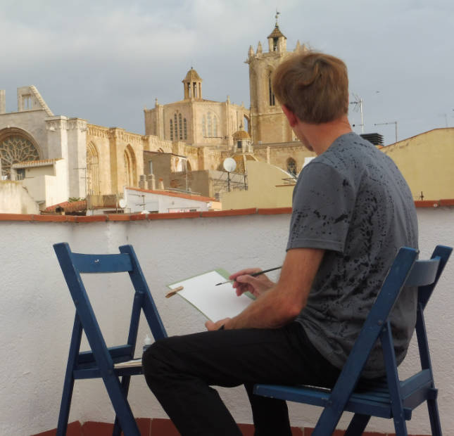 Andreas U. Korn - Kunstraum beim Malen in Tarragona mit Blick auf die Kathedrale