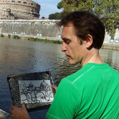 Andreas U. Korn in Rom am Tiber mit Blick zur Engelsburg 2012
